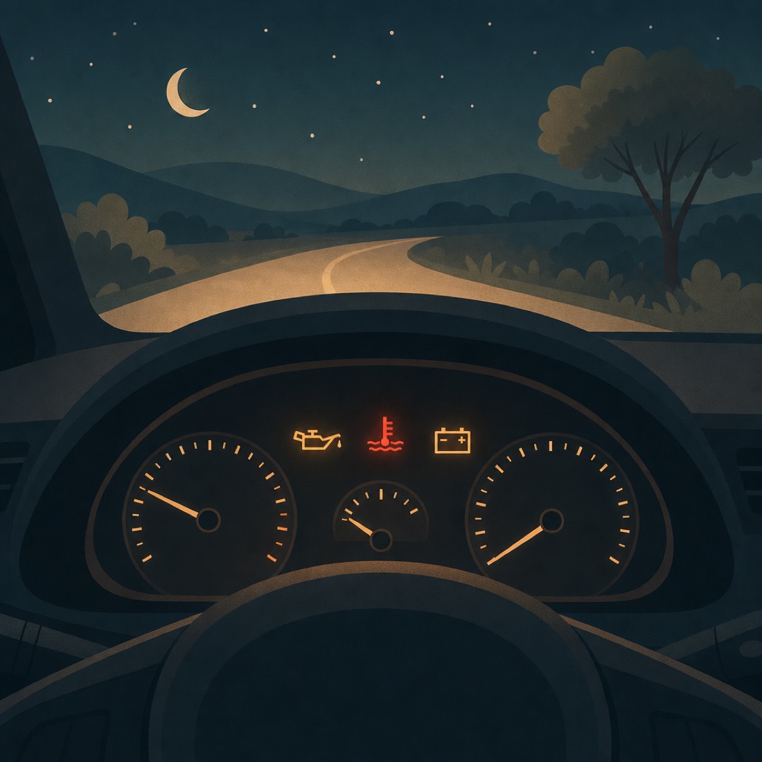 A car dashboard glowing at night with a few universal warning symbols lit