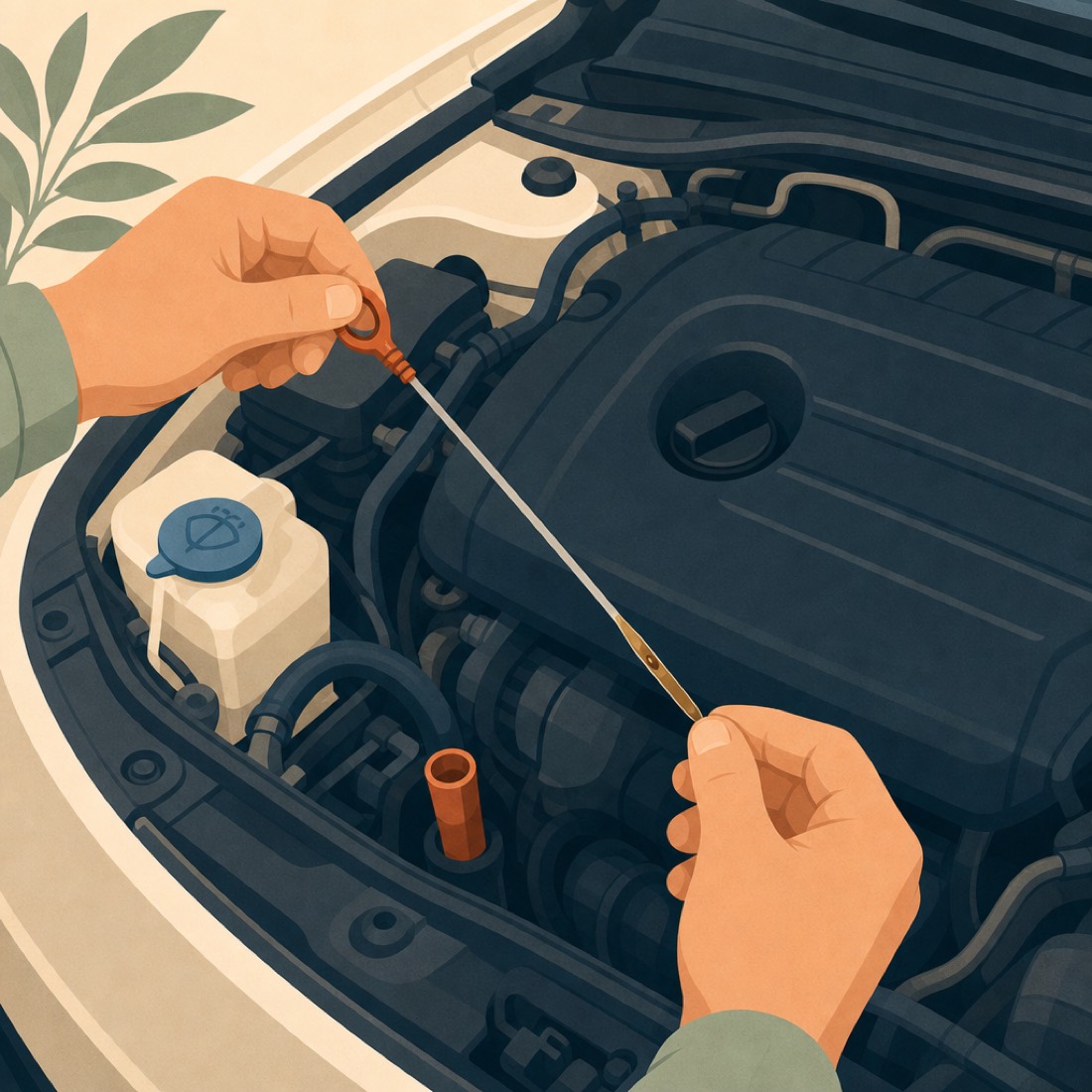 Two hands checking the engine oil dipstick over a clean engine bay