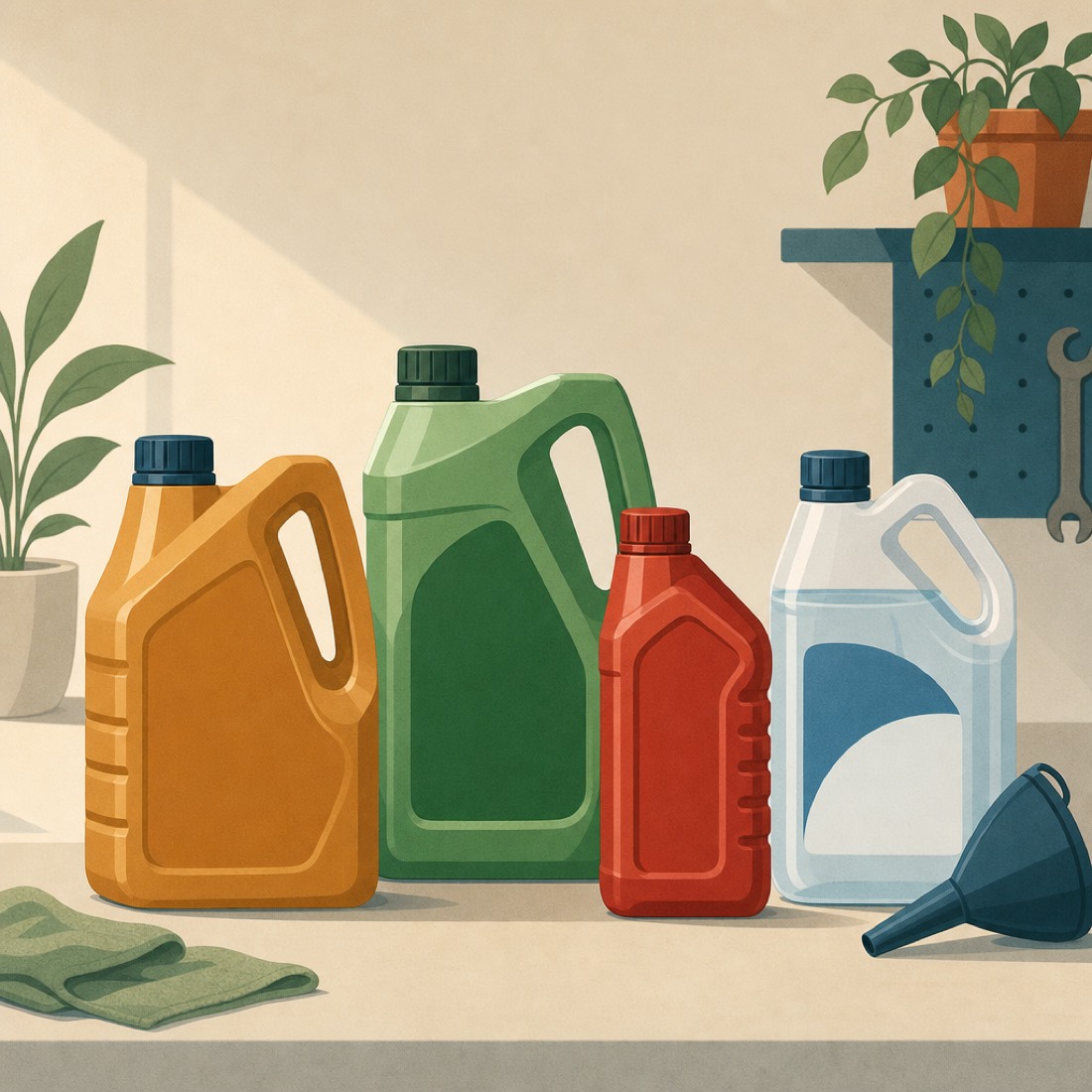 Color-coded automotive fluids — engine oil, coolant, transmission and washer fluid — with a small funnel