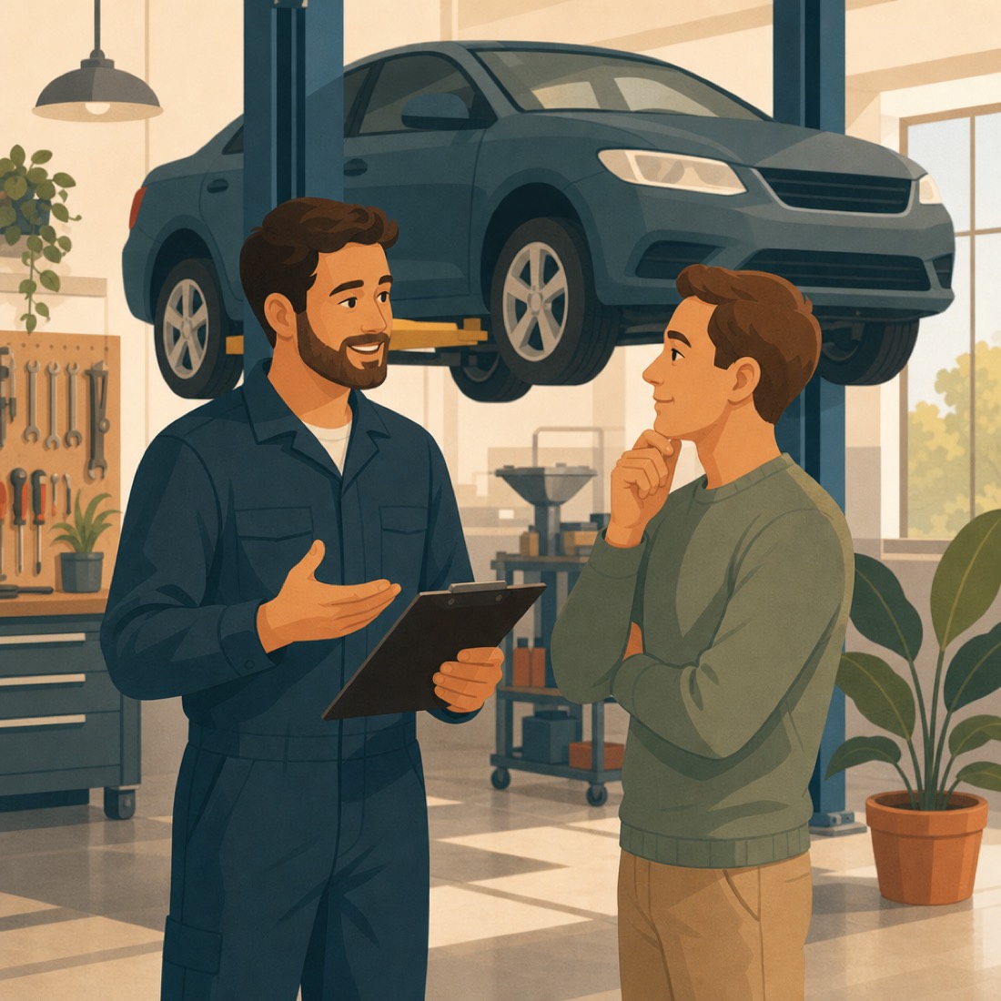 A friendly mechanic talking with a car owner beside a lifted car, pointing at a clipboard
