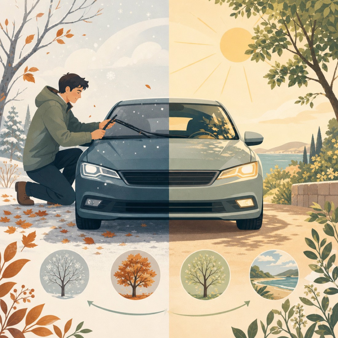A car shown across the seasons — autumn leaves and light snow on one side, summer sun on the other
