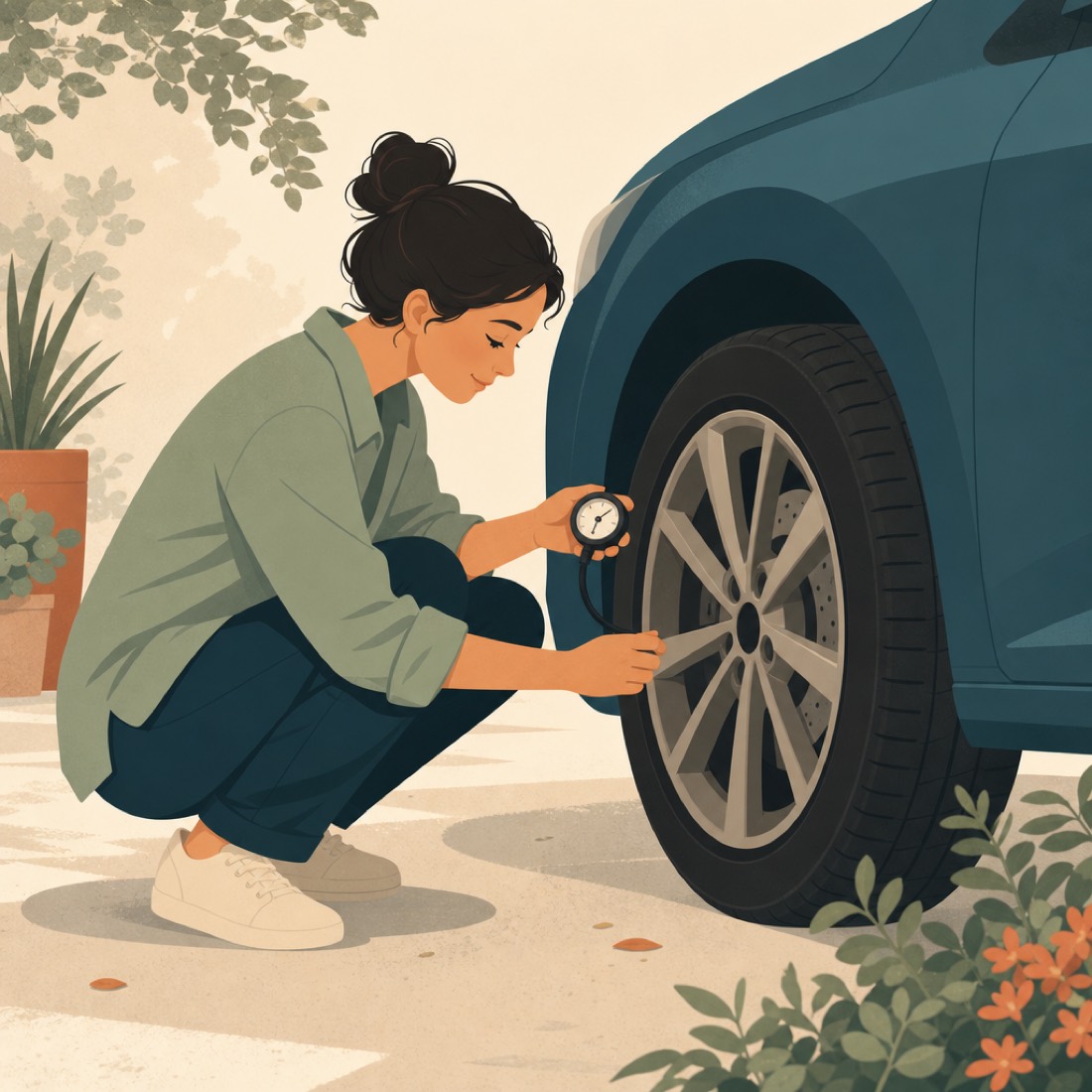 A person checking tire tread and pressure, with the brake disc visible behind the wheel
